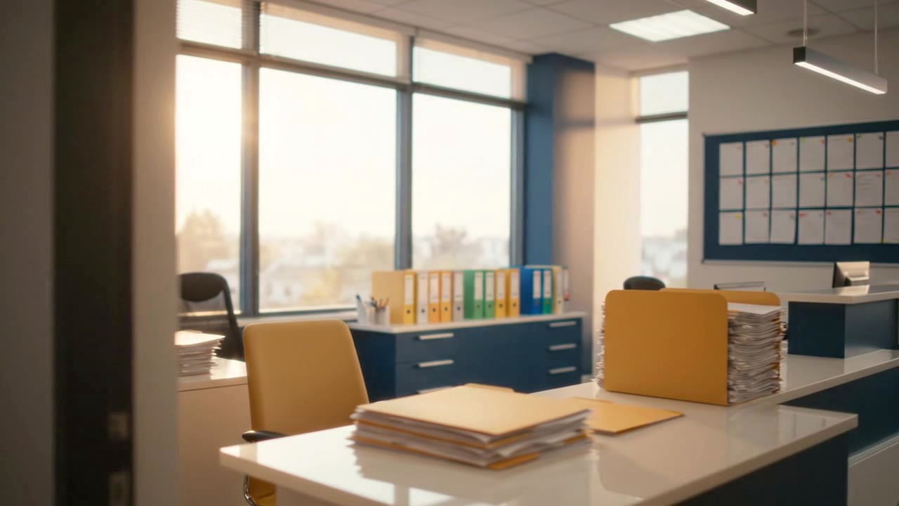 Medical practice administrator's desk under a lamp, admin-only coordination view.
