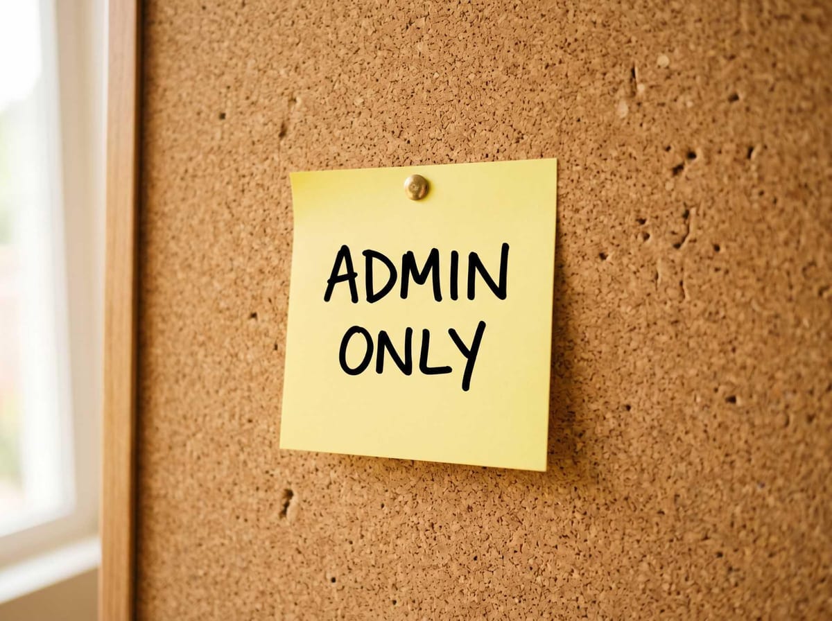 Yellow 'ADMIN ONLY' sticky note on a cork board, admin-only boundary signal.